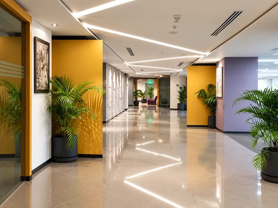Corporate corridor at Citibank AWT Karachi with zigzag ceiling lighting.
