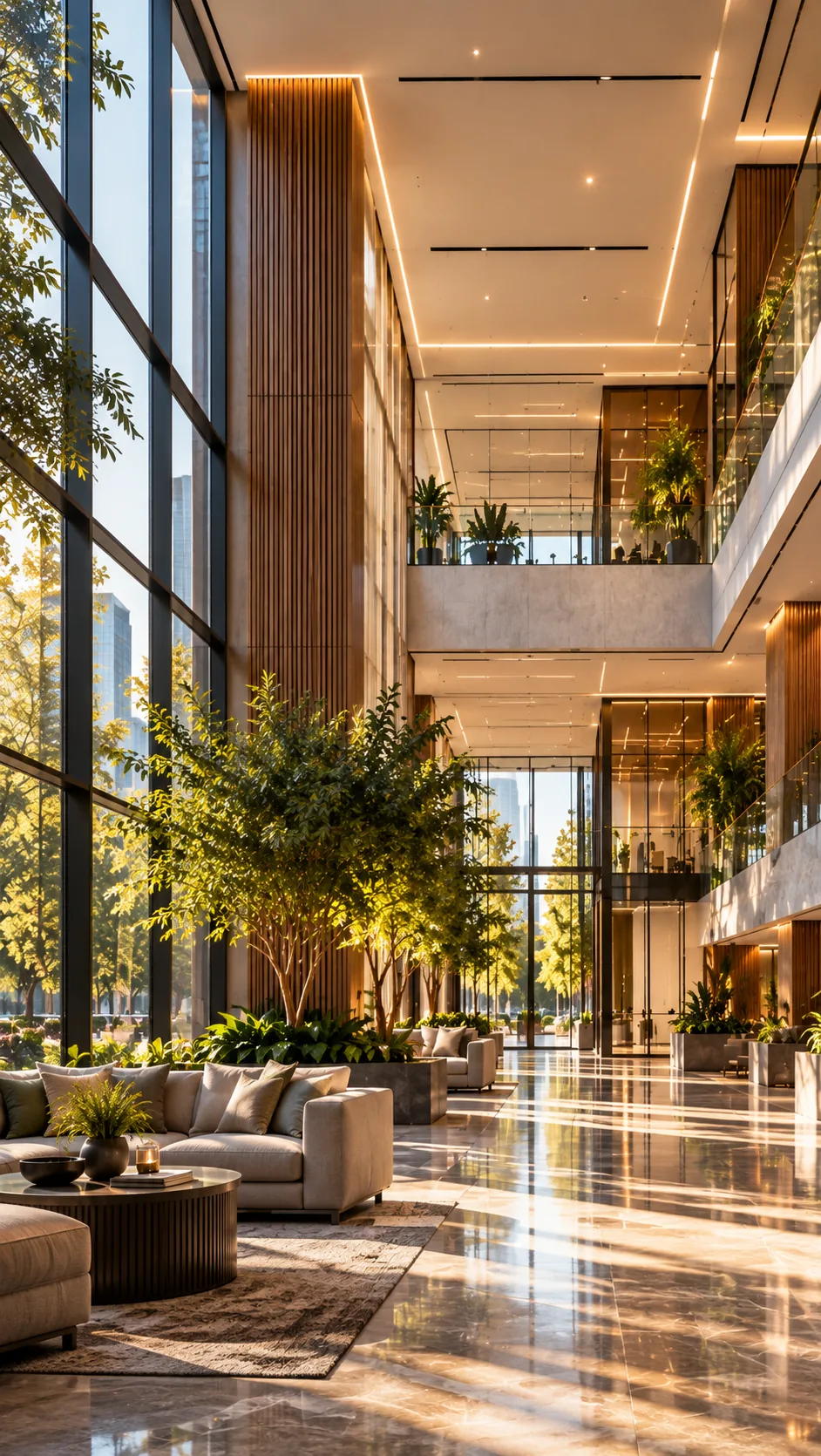 Sunlit biophilic luxury atrium with wood architecture, greenery and lounge seating.