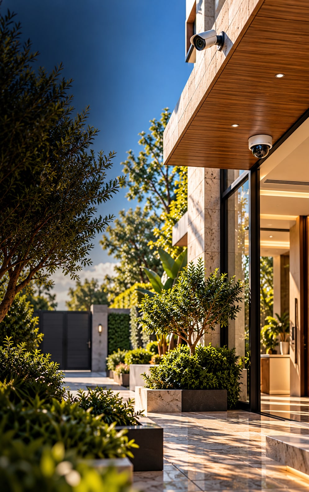 Sunlit luxury home entrance with a bullet camera on the stone wall and a dome camera under the wood canopy.