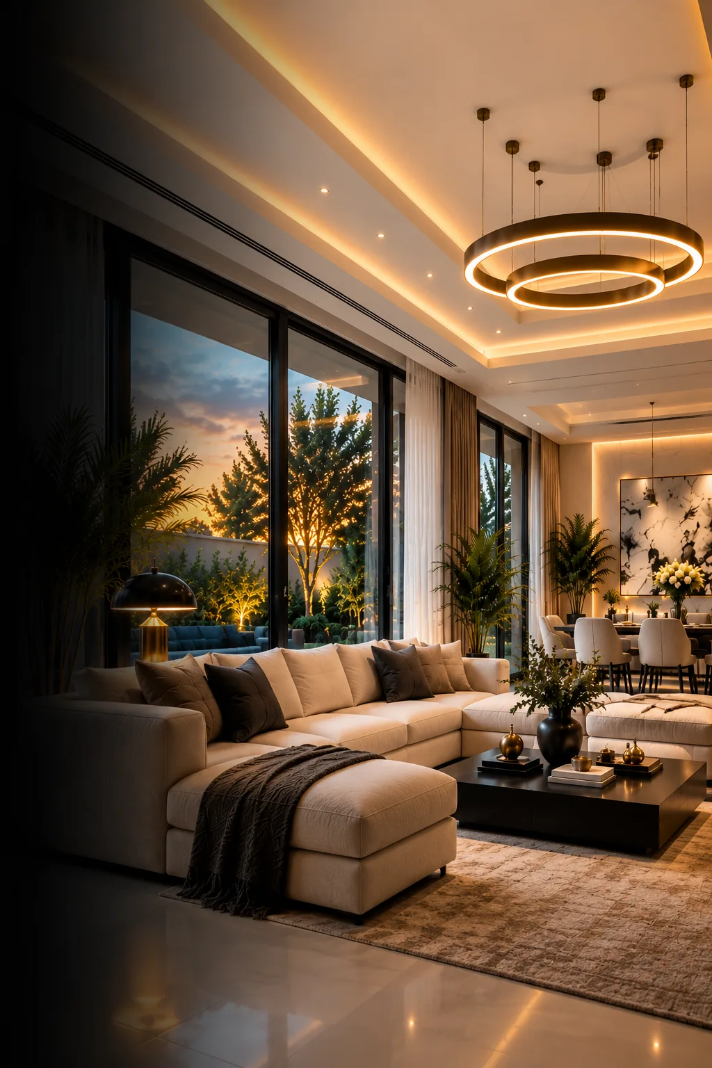 Dusk luxury living room with a multi-tier false ceiling, warm cove lighting and garden views beyond the glass.