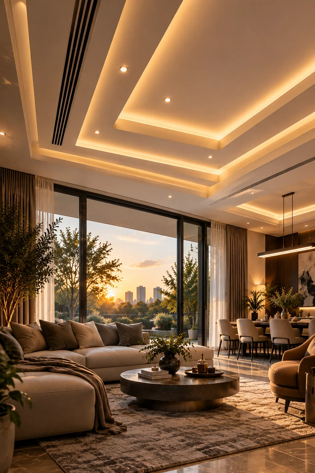 Golden-hour luxury living room with a multi-tier false ceiling and warm cove lighting.
