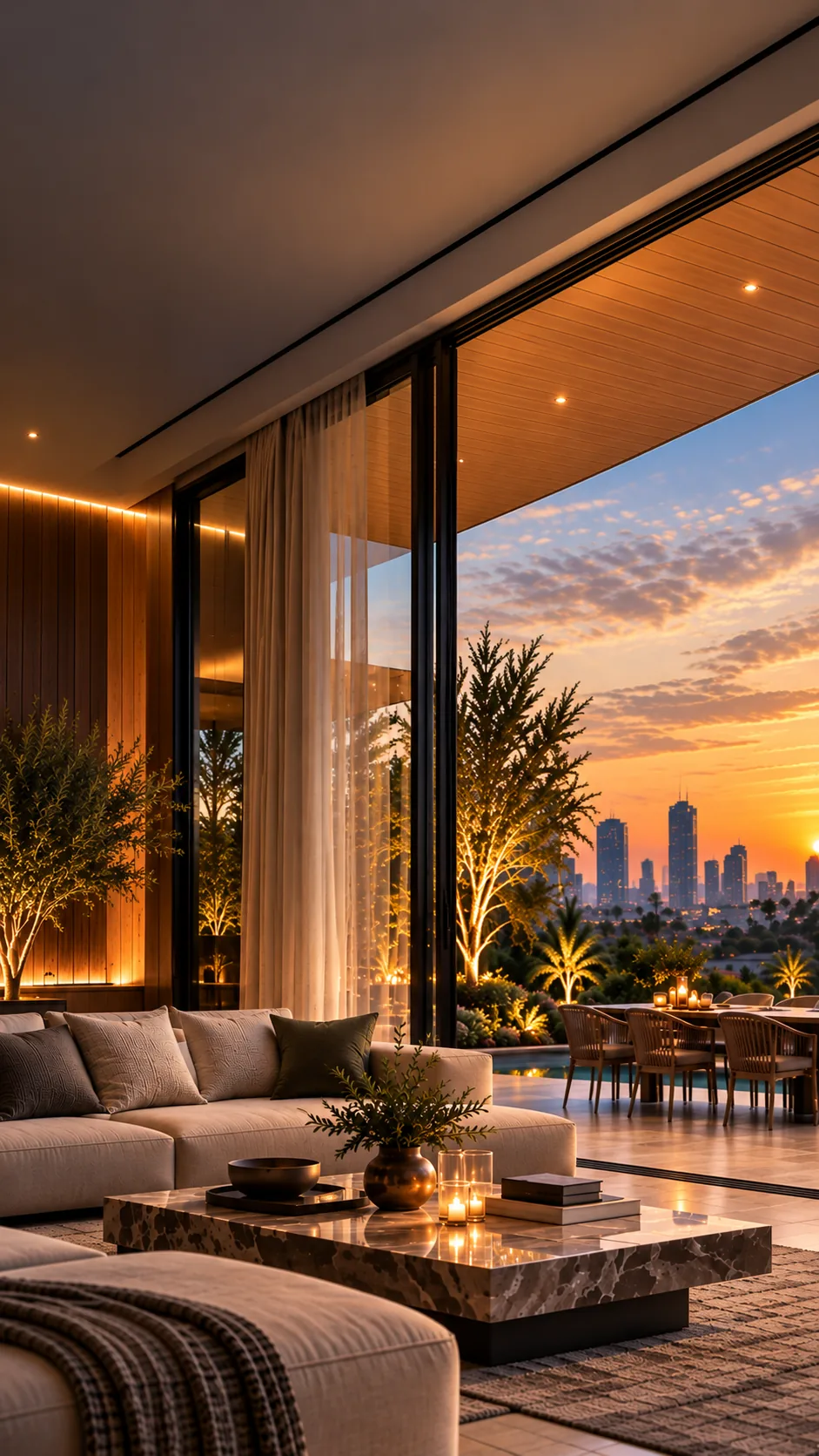 Golden-hour modern living terrace with open glazing, warm lighting and city skyline.