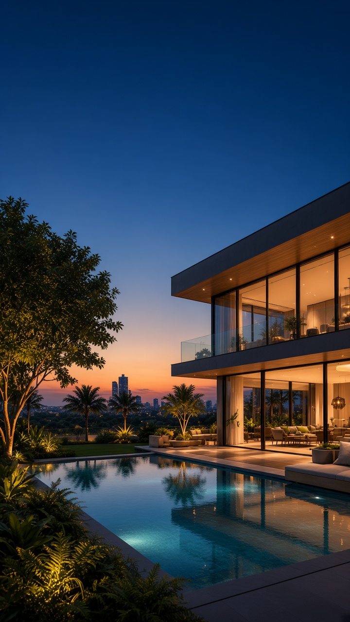 Luxury modern residence at dusk with an illuminated pool and glass-walled living space.