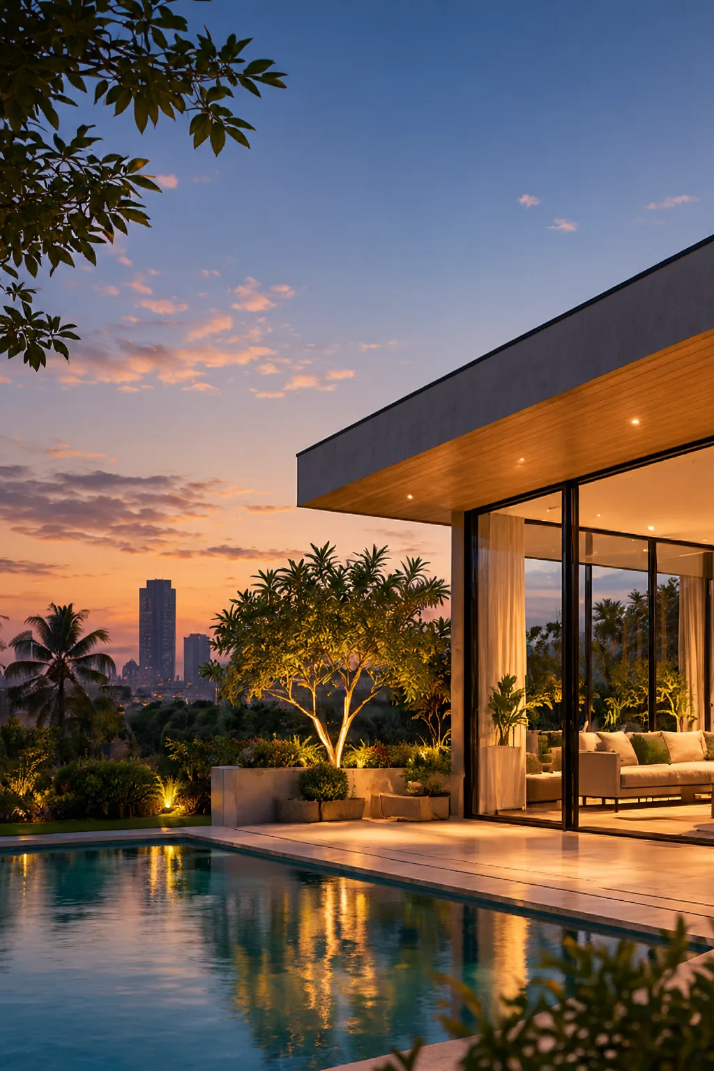 Luxury modern residence at dusk with an illuminated pool terrace and glass-walled living space.