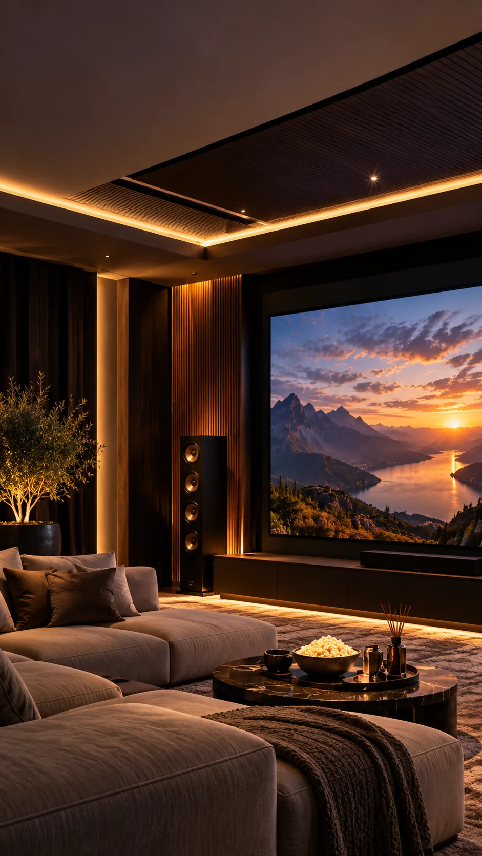 Cinematic home theater with wide screen, ambient lighting and lounge seating.