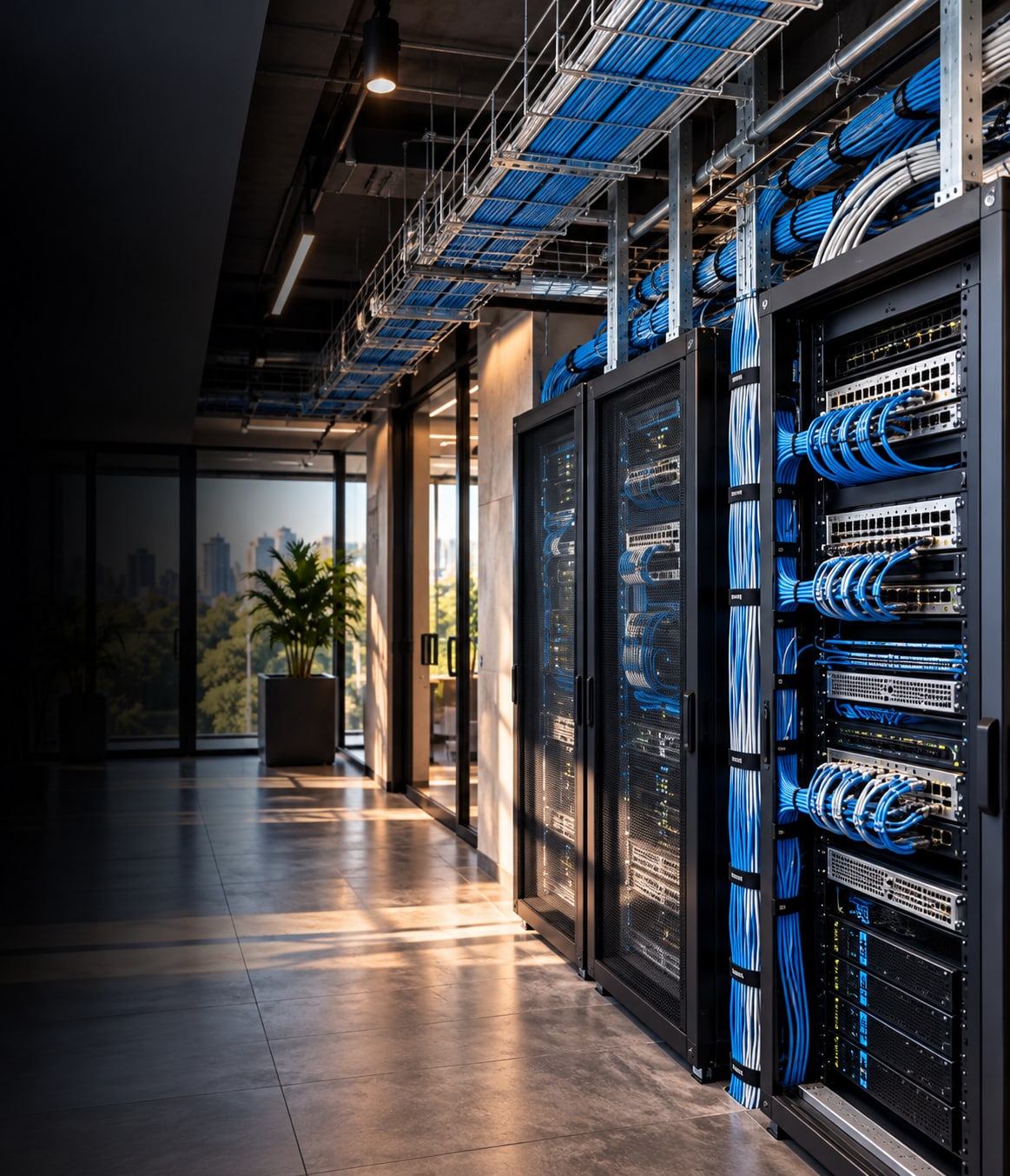 Cinematic modern data corridor with organised blue cabling and network racks along a sunlit hallway.