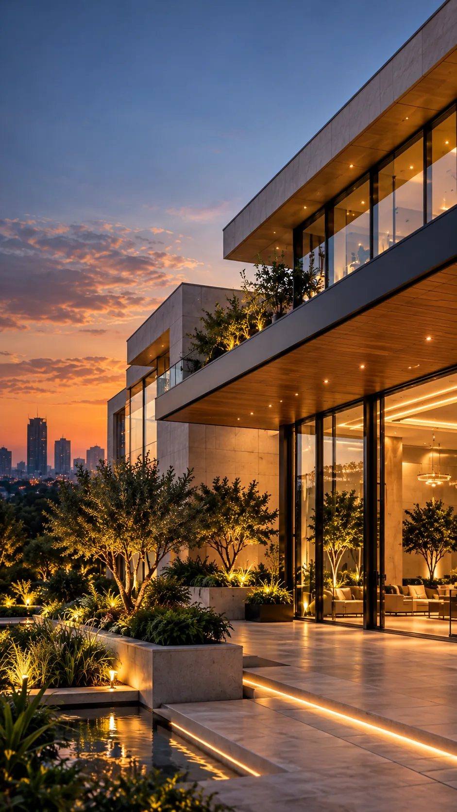 Luxe glass building entrance at dusk with warm architectural lighting and terrace steps.