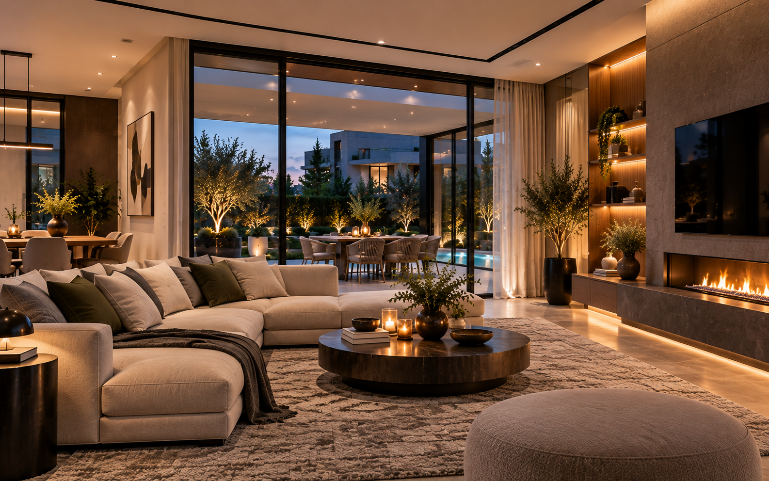Luxurious modern living room at dusk with ambient lighting.