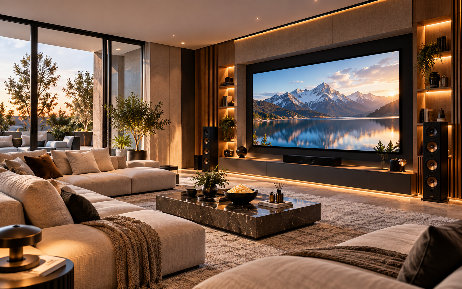 Luxury mountain-view home theater lounge with seating and ambient light.