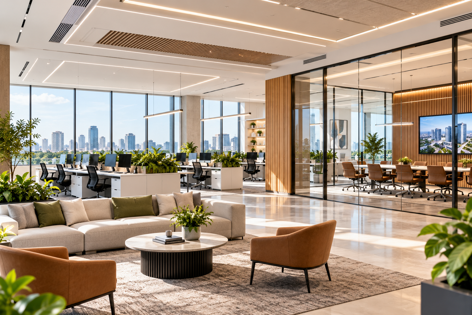 Modern biophilic office interior with city views through full-height glazing.