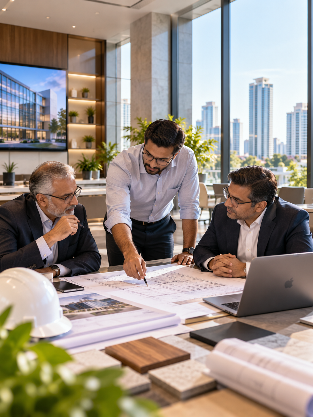 Architectural collaboration over blueprints in a refined workspace.