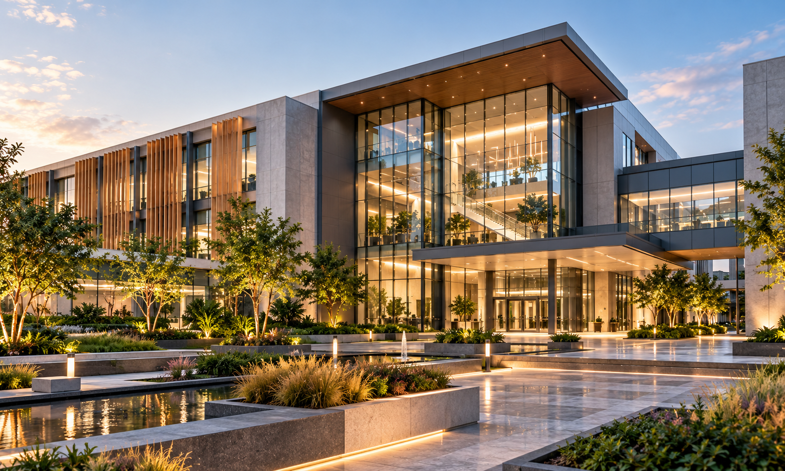 Golden-hour modern glass campus exterior with landscaped grounds.