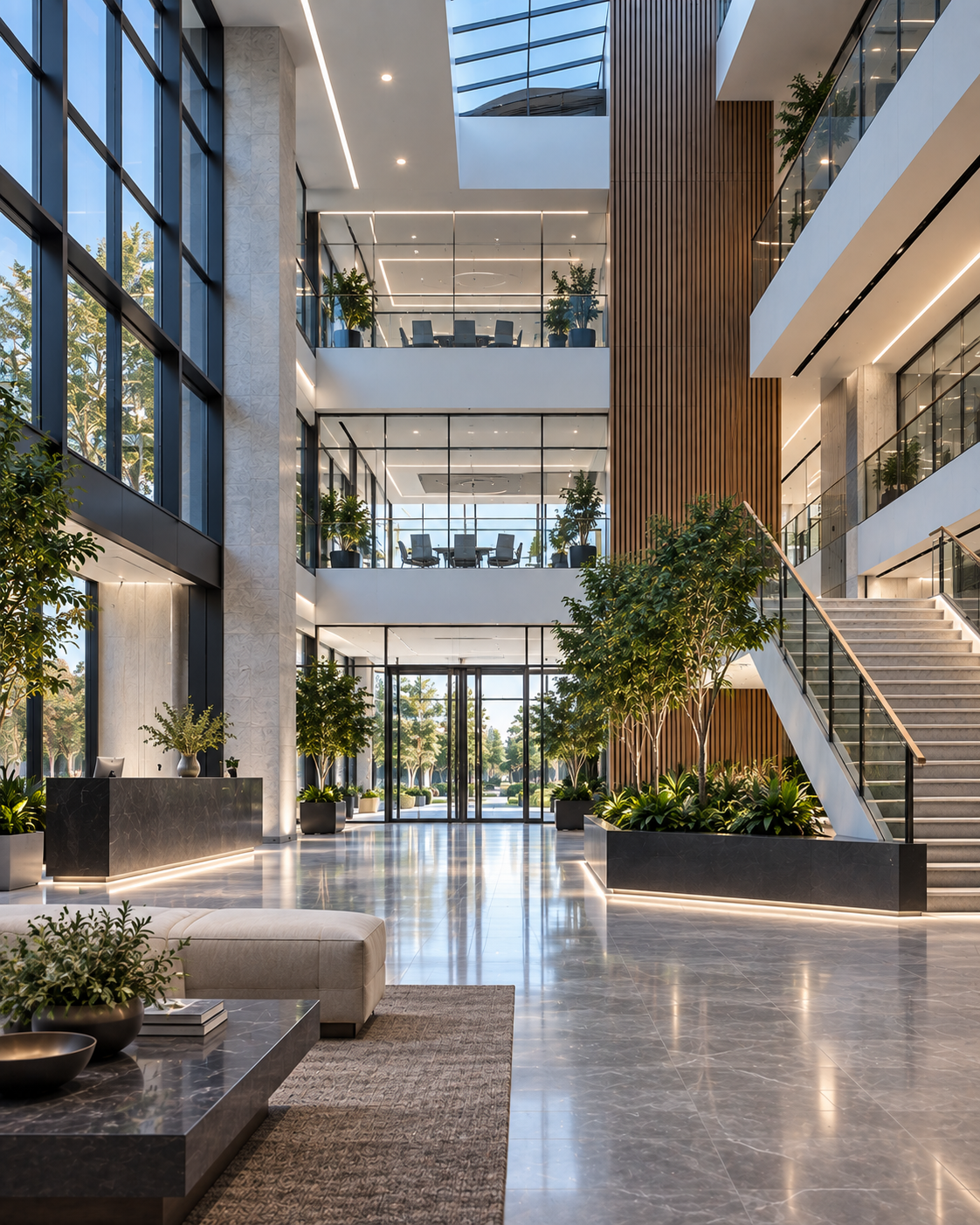 Bright commercial atrium lobby with glass architecture and grand staircase.