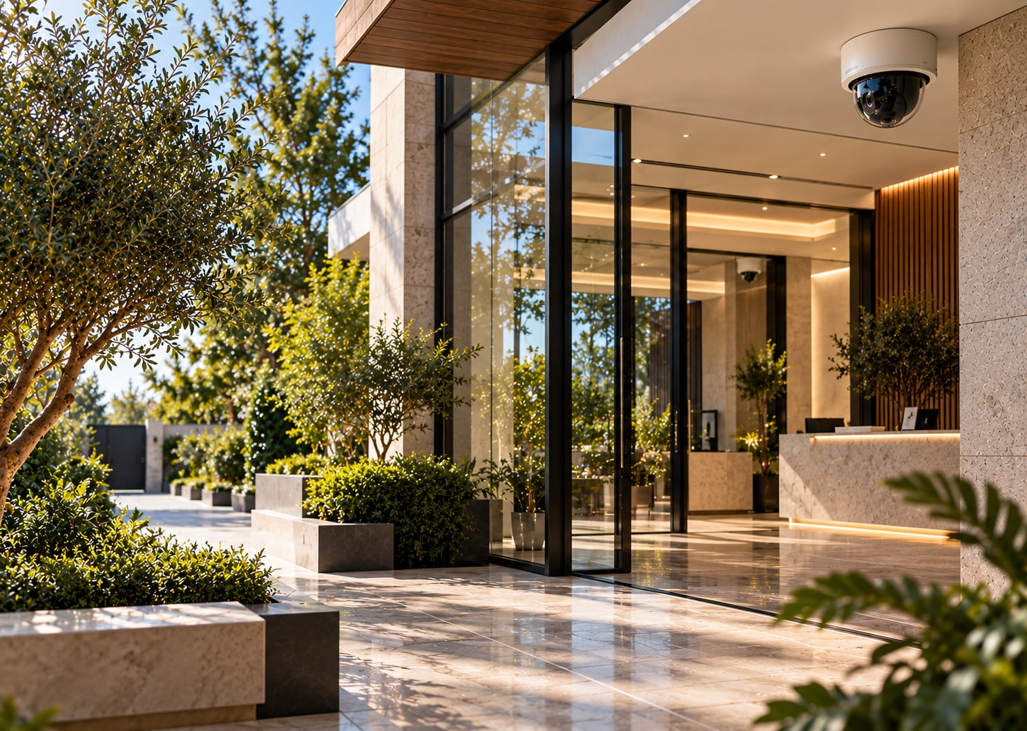 Modern glass lobby with a dome security camera above the reception desk.