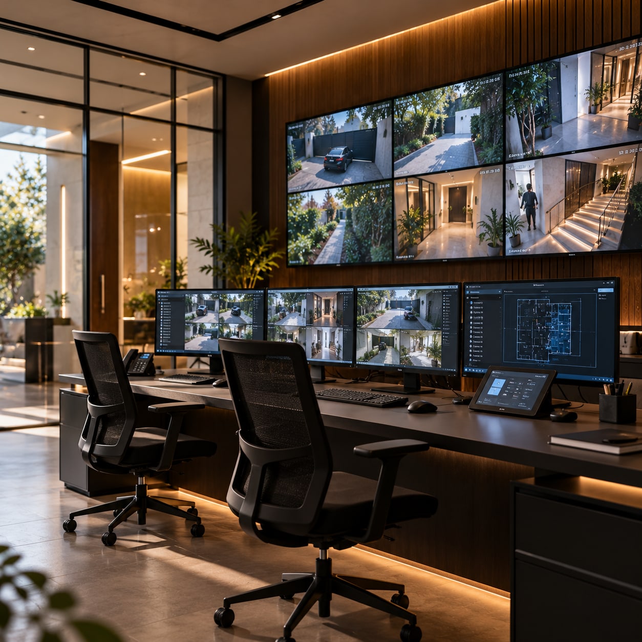 Modern security control room with a video wall and operator workstations.
