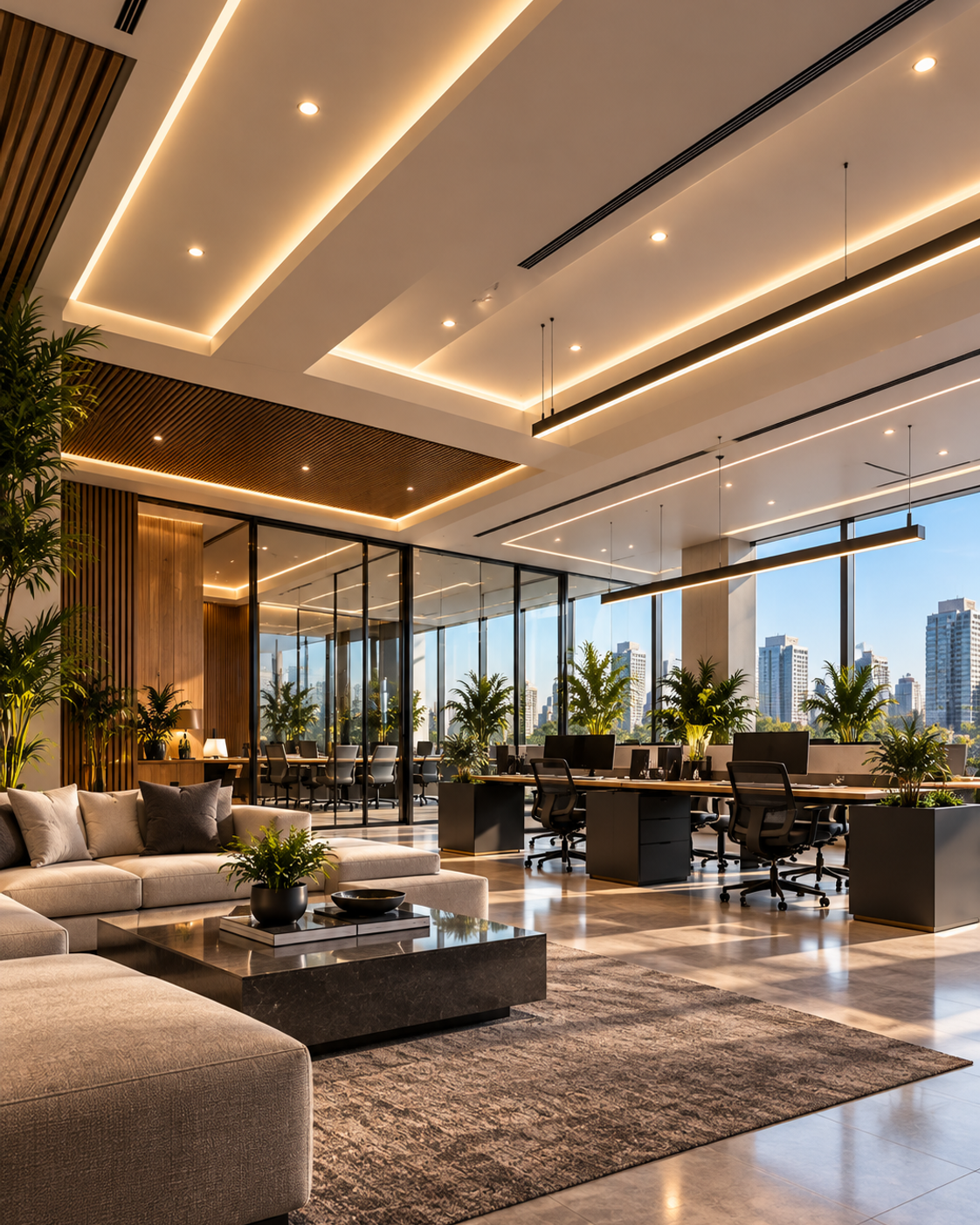 Contemporary commercial office with a sculpted gypsum false ceiling and recessed linear lighting.