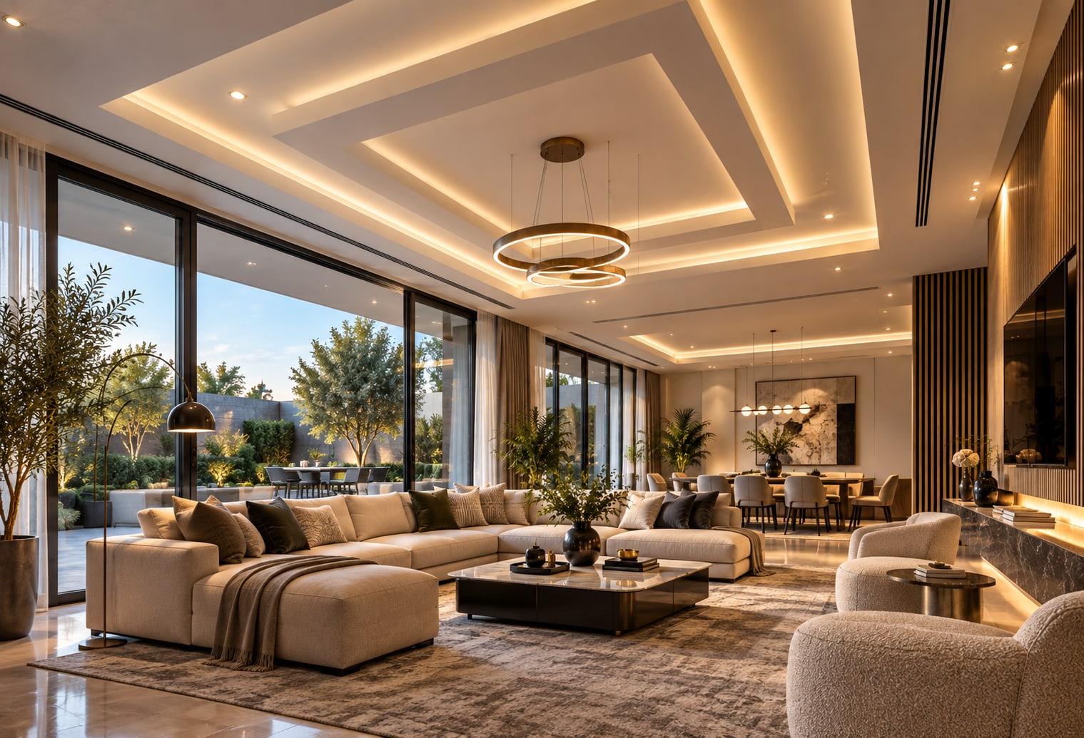Warm modern luxury living room with layered tray ceiling lighting and evening garden views.
