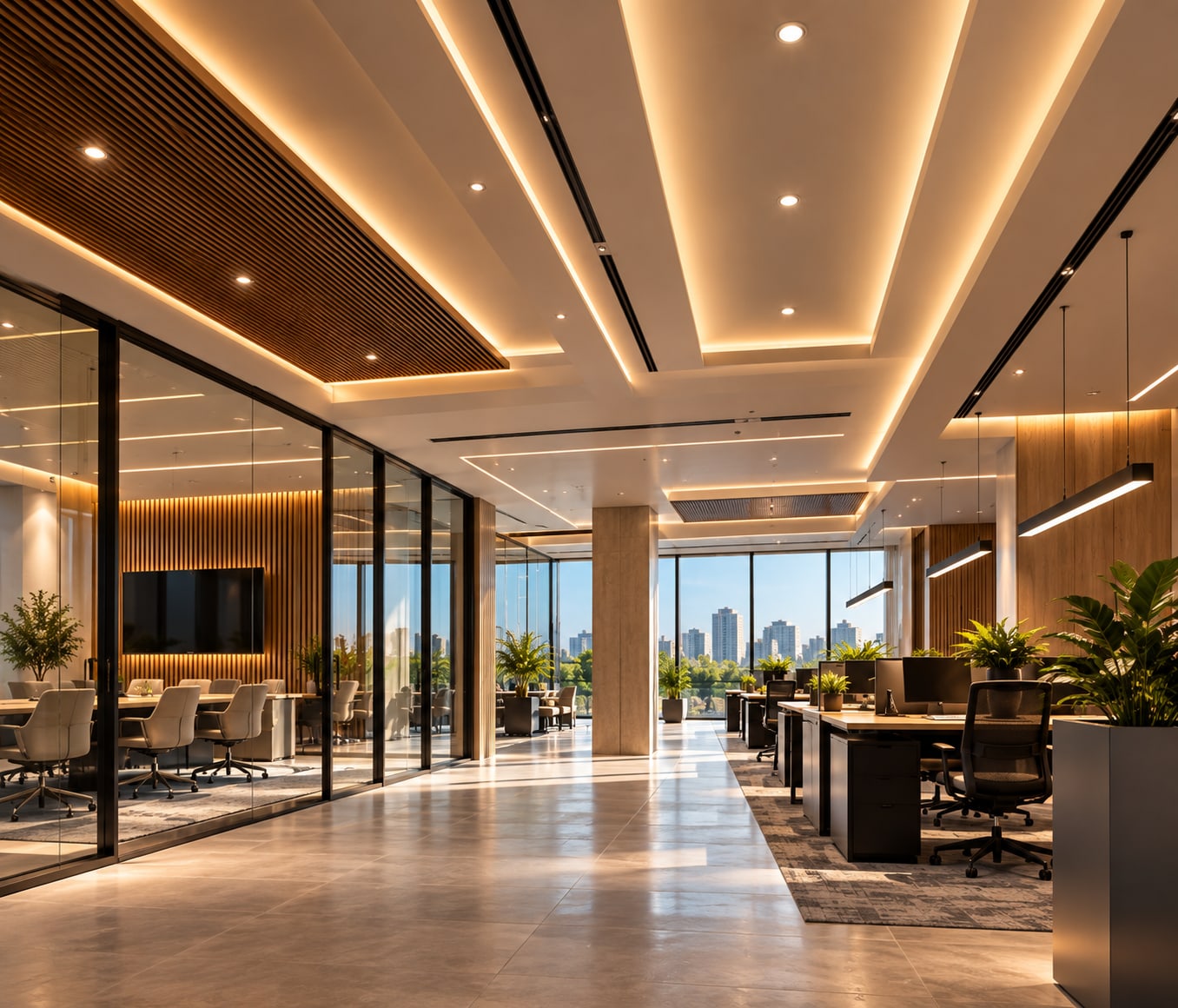 Luxurious warm-toned corporate office with multi-level false ceiling and integrated cove lighting.