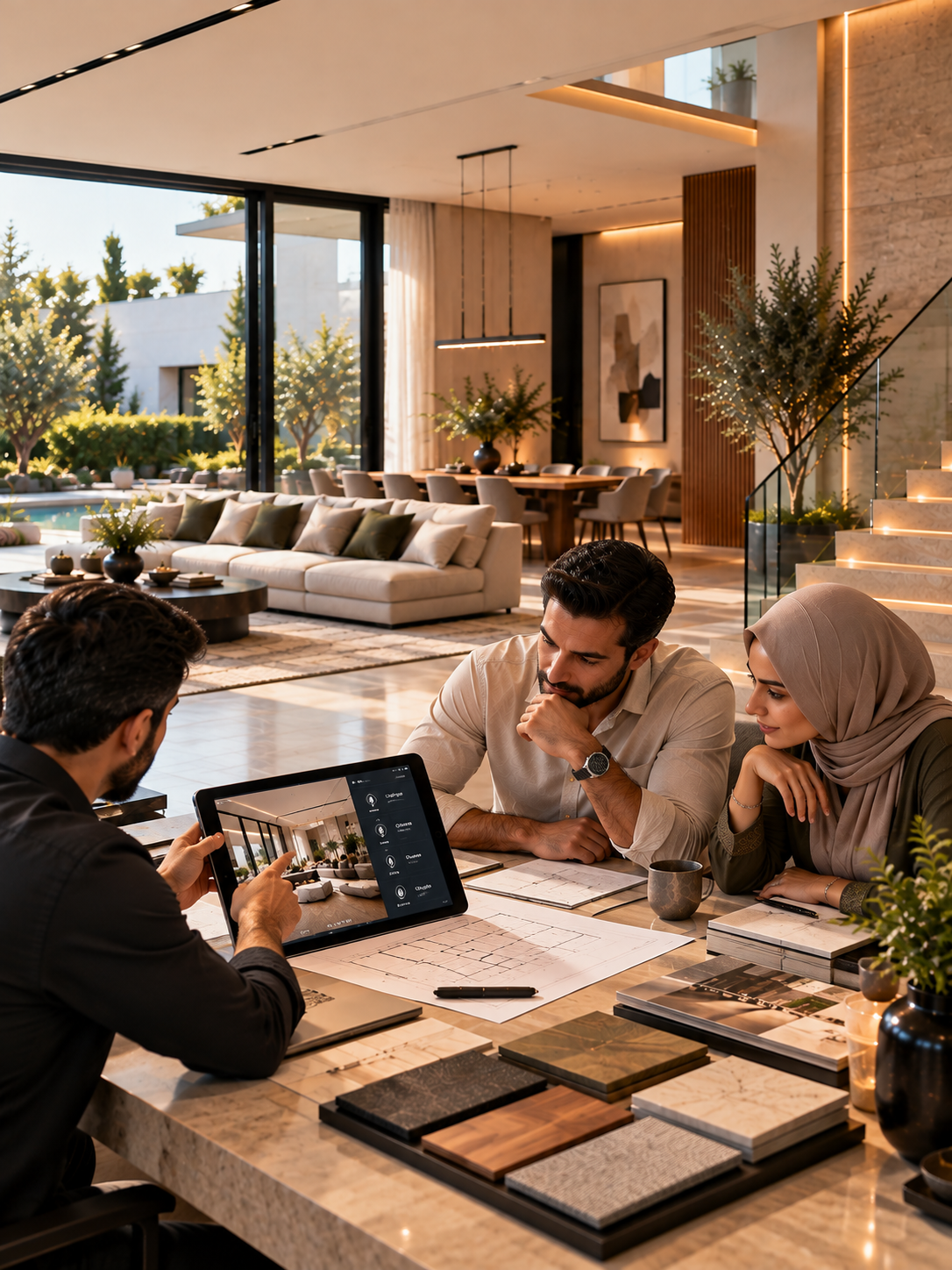 Smart home design consultation in a refined interior.