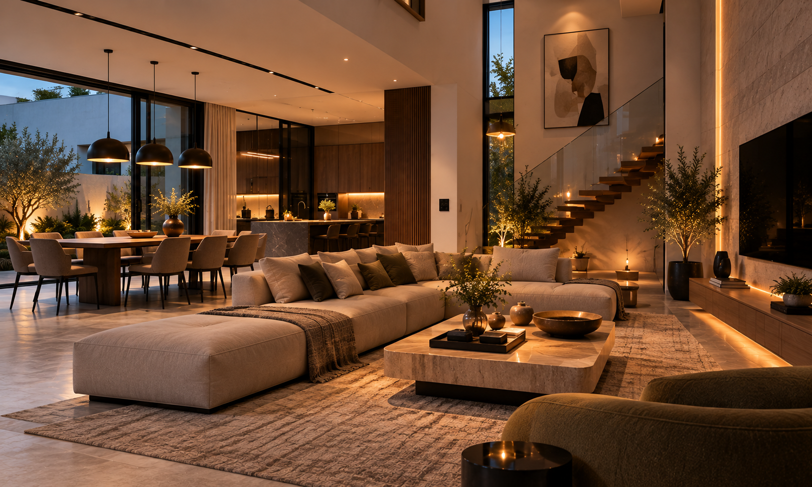 Warm modern smart home interior with layered lighting and seating.