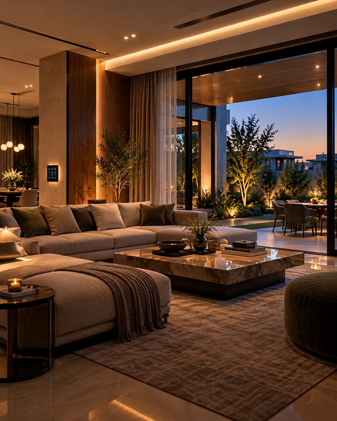 Twilight luxury living room with warm architectural lighting and glazing.
