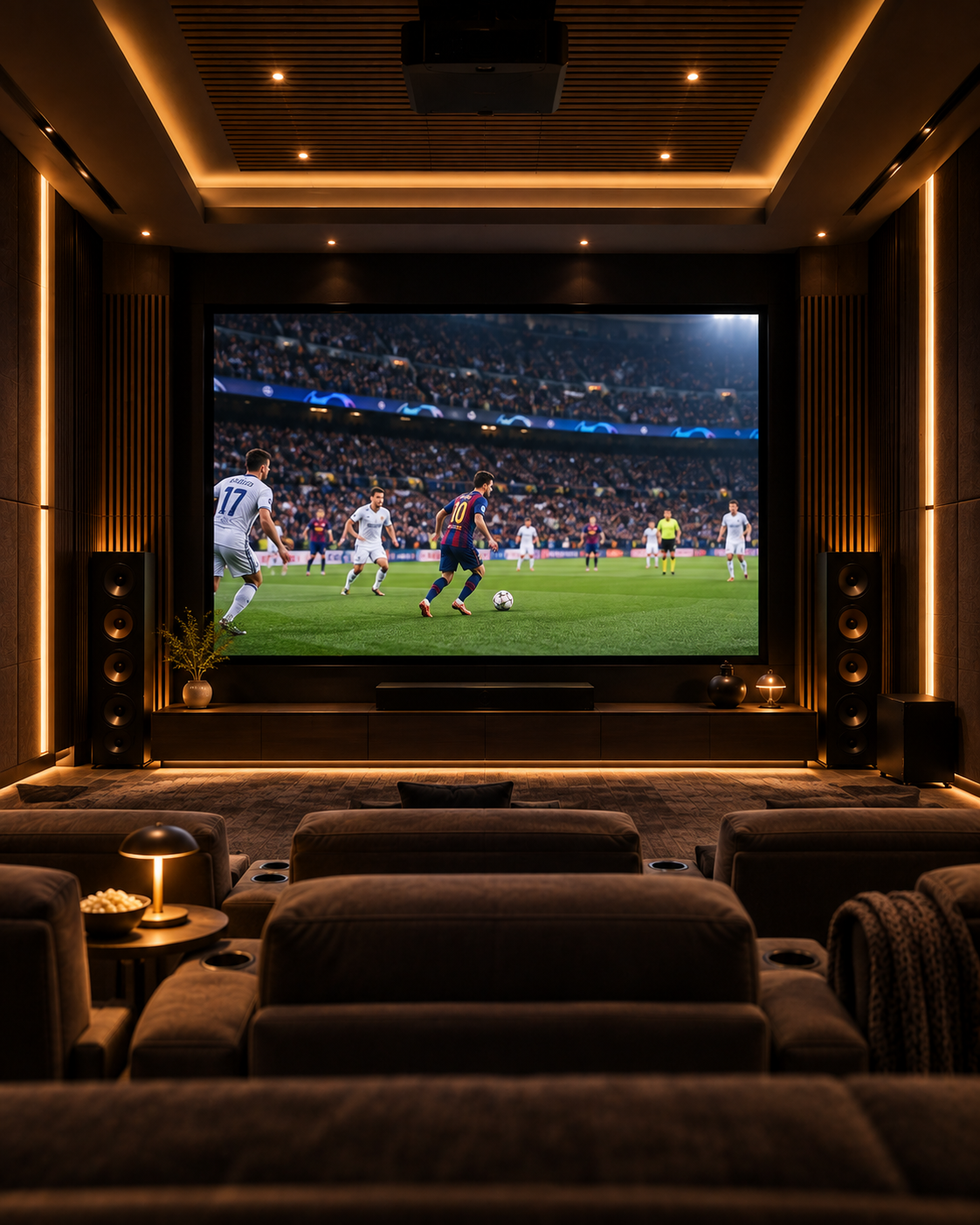 Private home theater with a football match on the cinema screen.