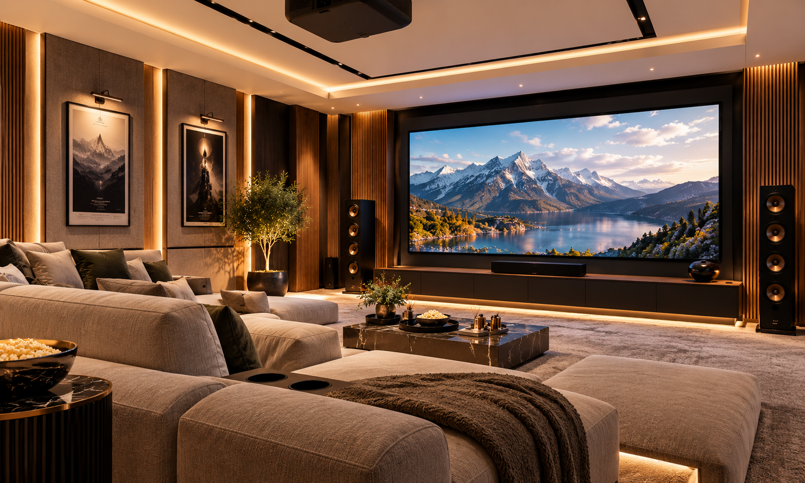 Luxury home theater with mountain view on the cinema screen.