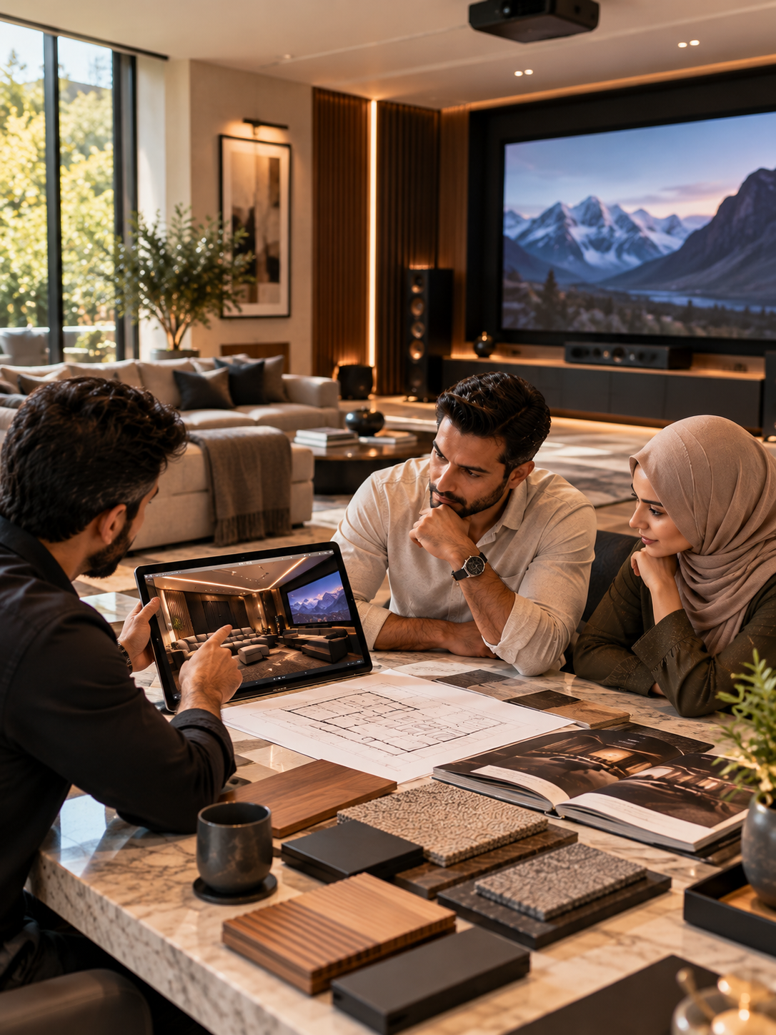 Home theater design consultation in a refined interior.