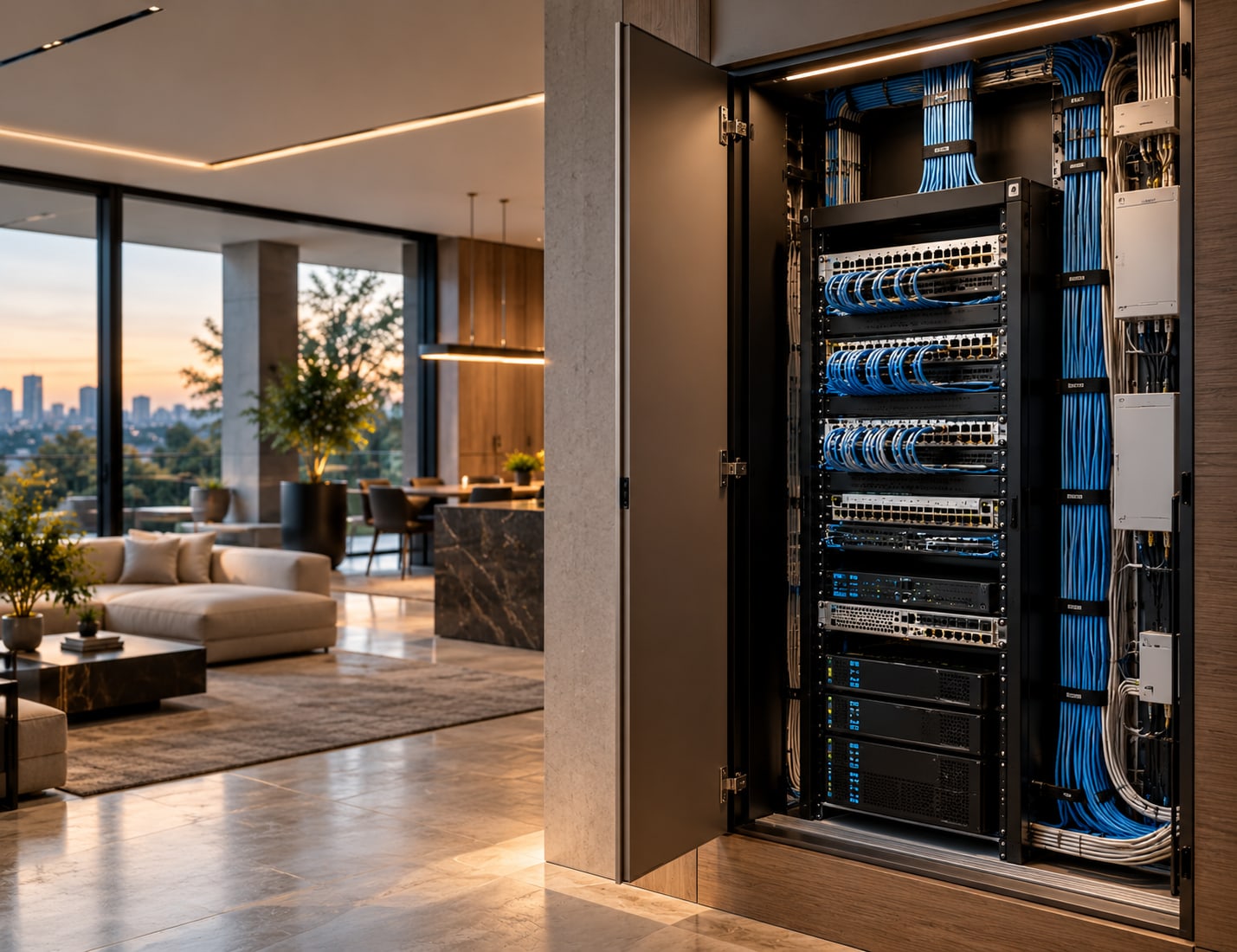 Luxury interior with a built-in network rack and organised structured cabling.
