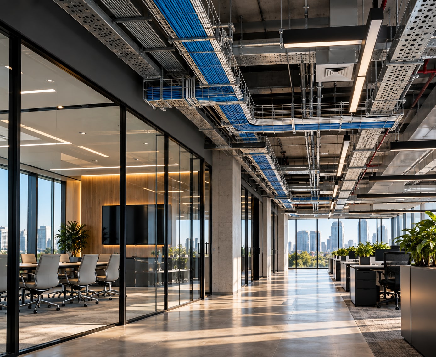 Modern office with finished ceiling containment and coordinated building infrastructure.