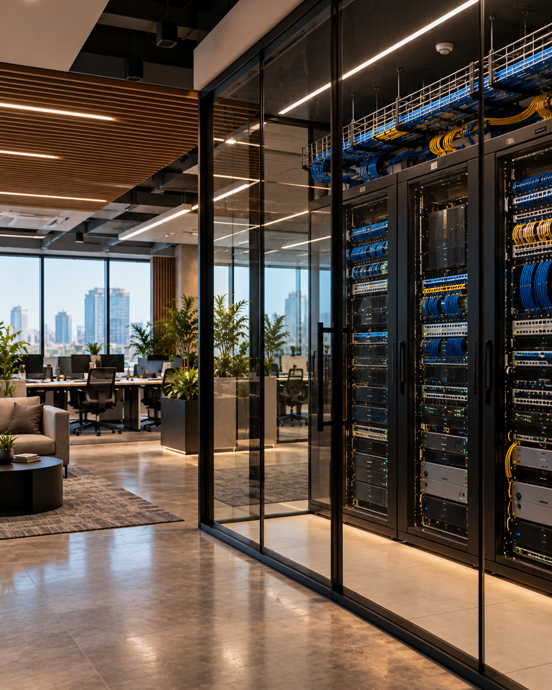 Modern commercial office with a glass-walled server room and structured networking.