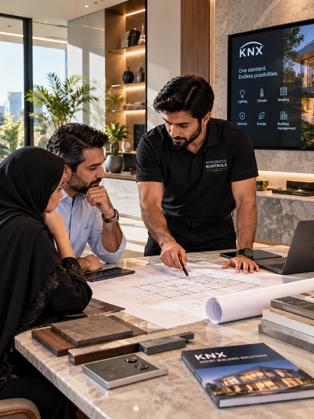 KNX smart building consultation over plans in a professional setting.