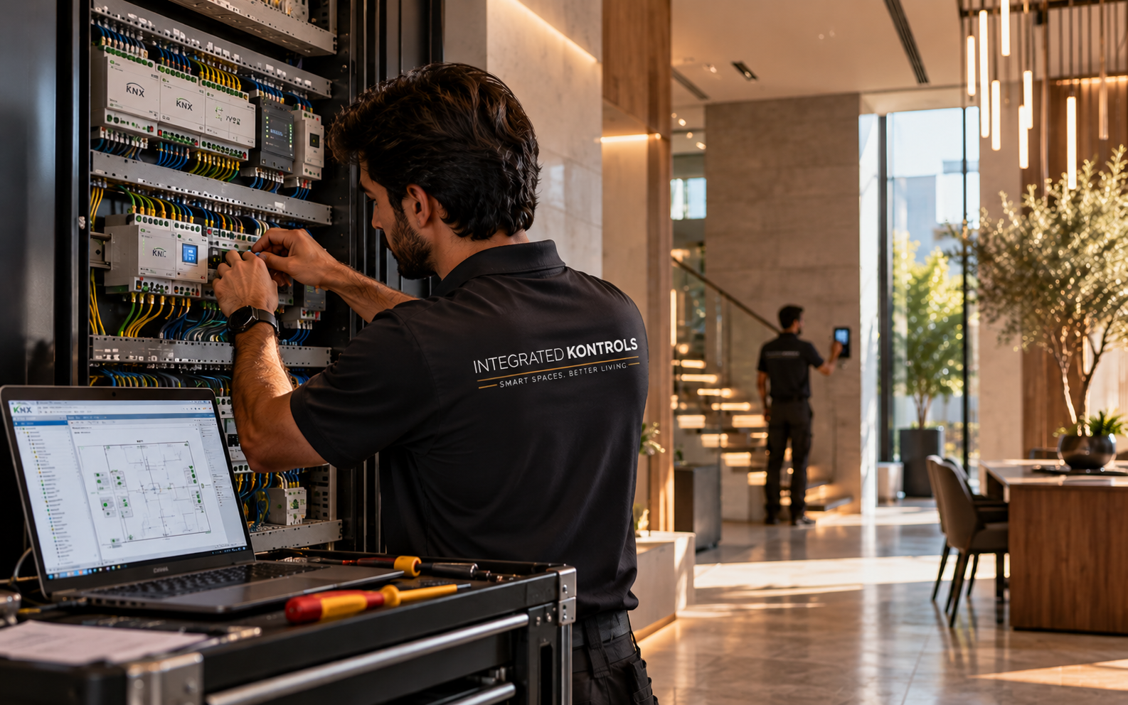 Smart building technician commissioning systems at a control panel.