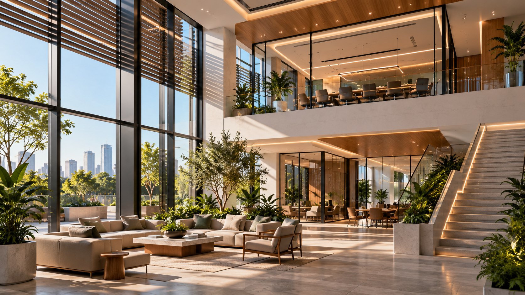 Sunlit modern office atrium with layered levels and natural light.