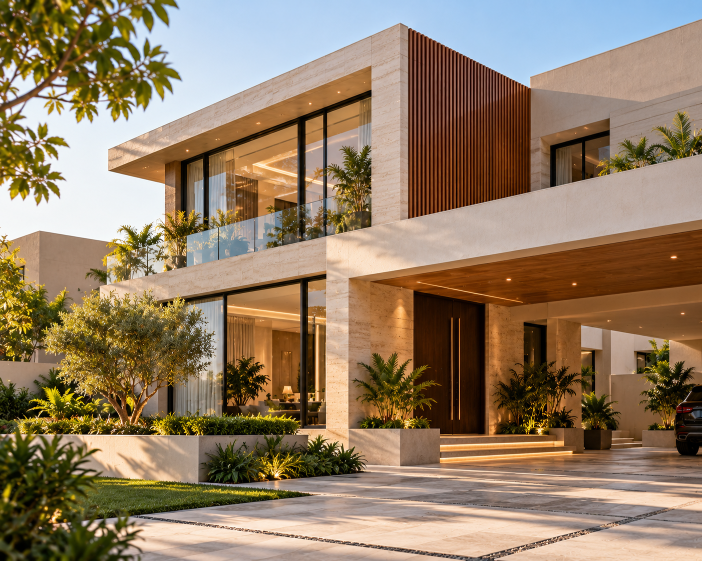 Contemporary DHA Karachi villa façade with landscaped entrance at golden hour.