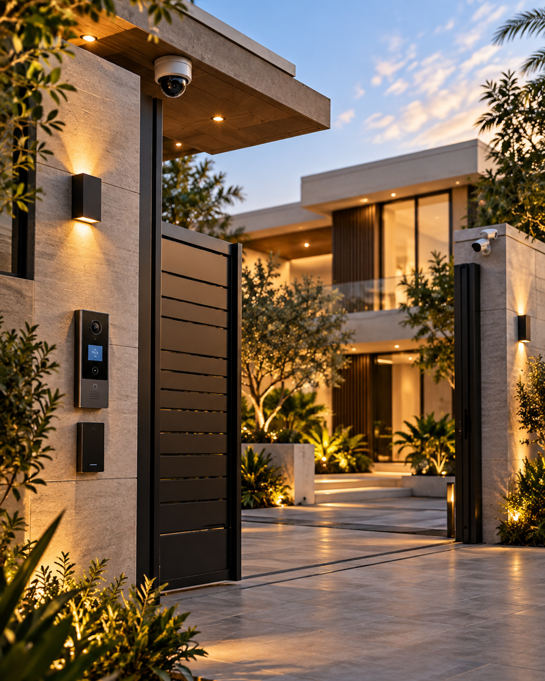 Luxury smart gated residence at dusk with warm façade lighting and secure entry.