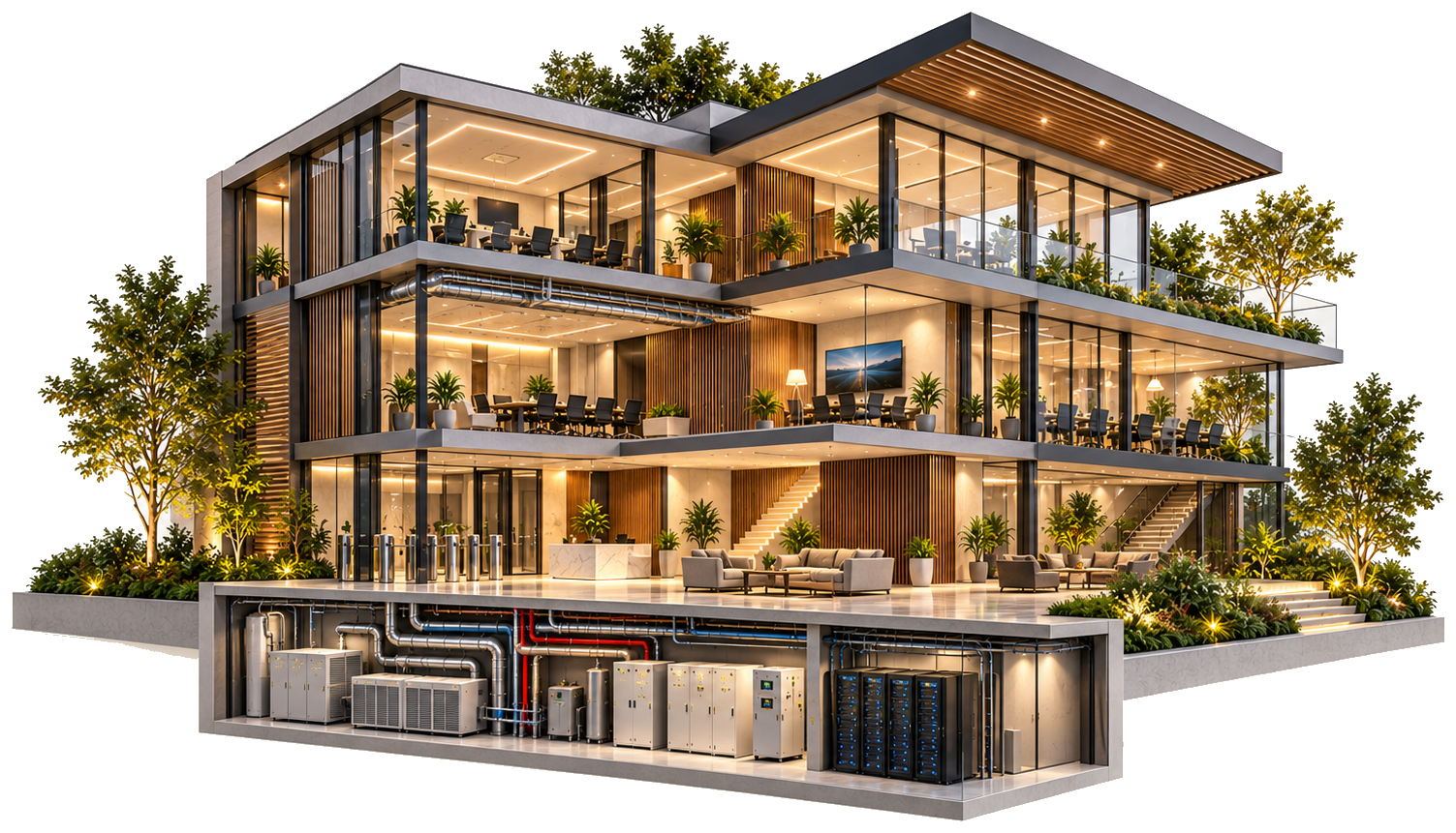 Cutaway of a modern multi-storey glass building showing integrated lighting, climate, security, AV and infrastructure systems.